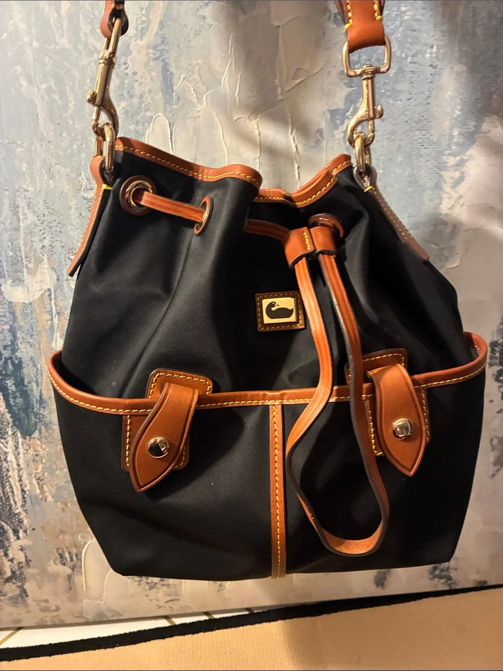 EUC  Dooney & Bourke Wayfayer Black Shoulder Bag with Tan Leather Trim
